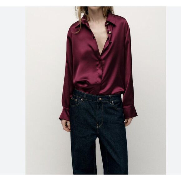 Zara Tops - Zara Women Satin Blouse Shirt L Large Red Burgundy Gold button 2138/302 NWT